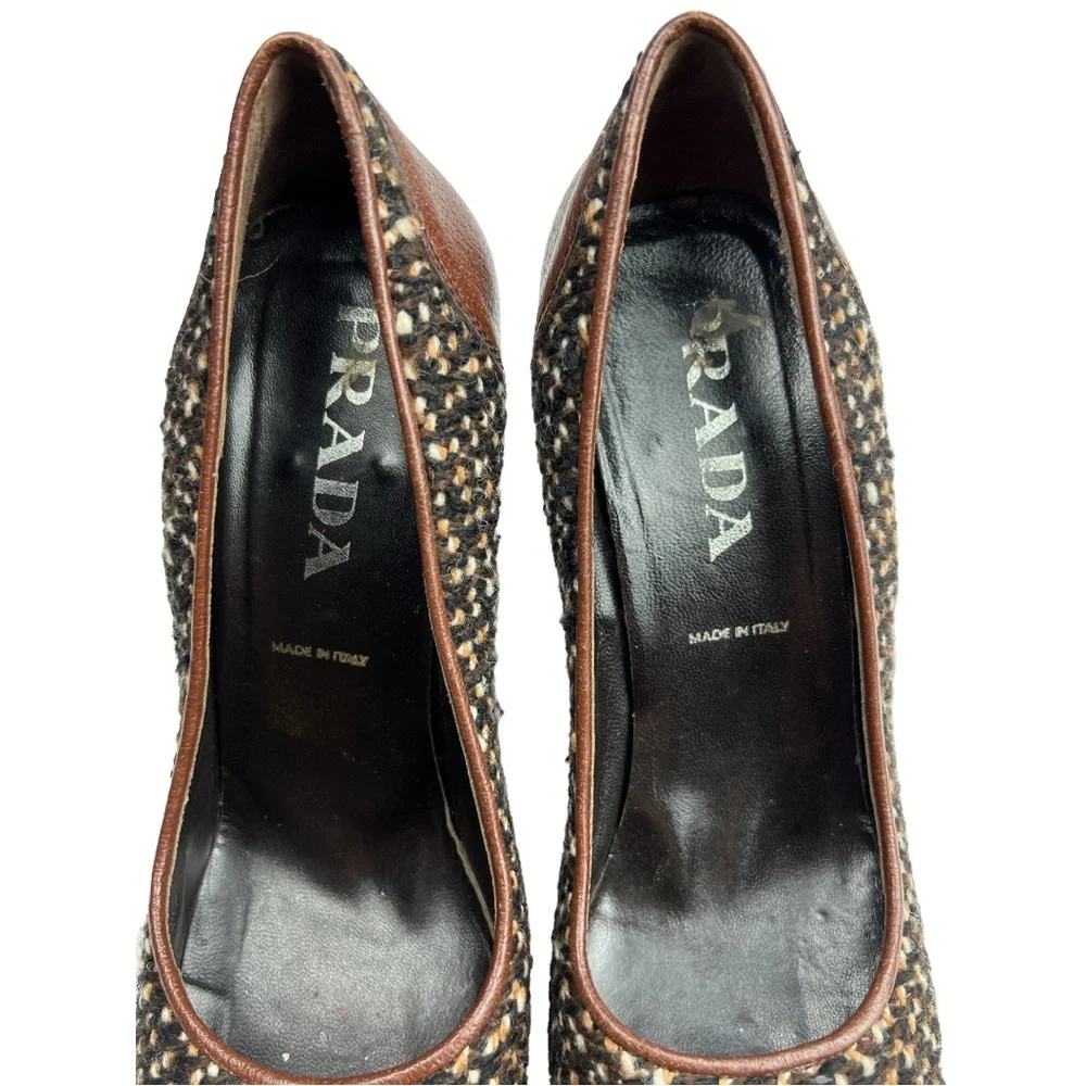 Prada Tweed Woven Marrone Vintage MaryJane Pump Heels Sz: 7.5 (37 1/2) - Picture 8 of 11
